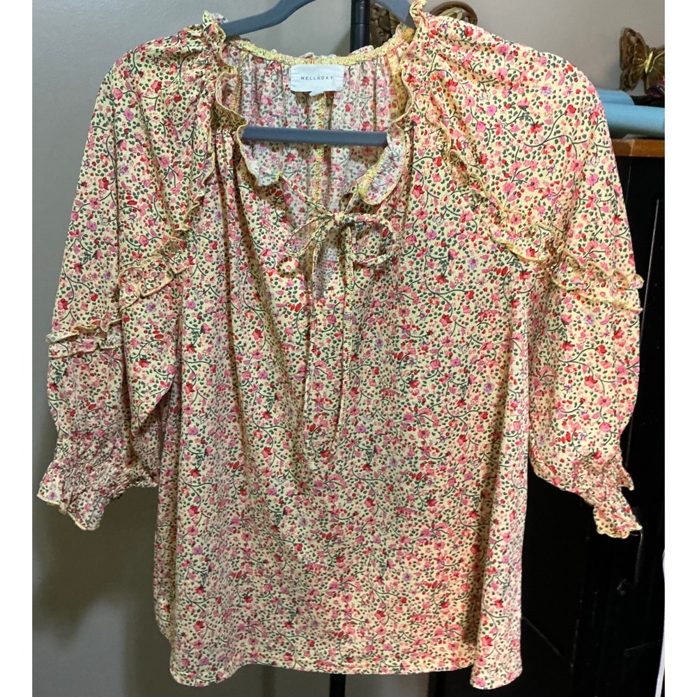 Melloday Women Yellow Pink Ditsy Floral Ruffle Tie Neck Blouse Top Medium